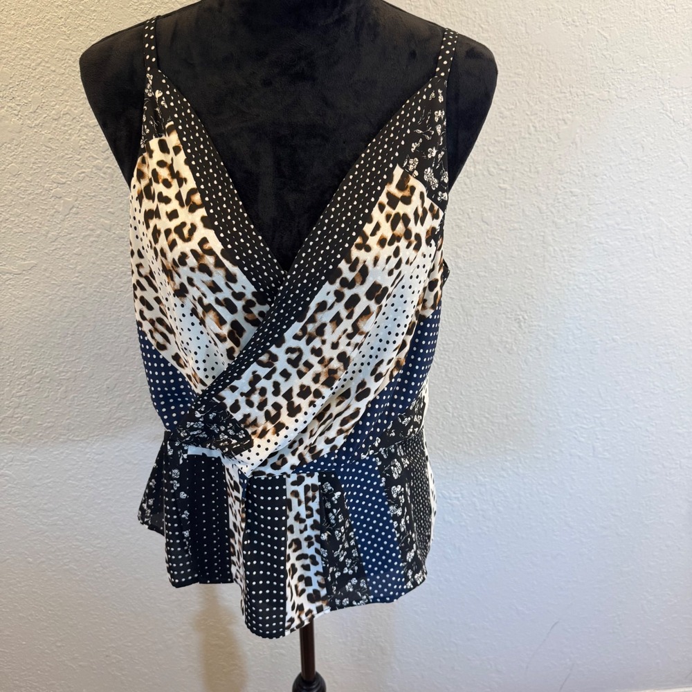 Cabi Mixed Print Leopard Polka Dot Surplice Peplum Camisole Sleeveless Blouse